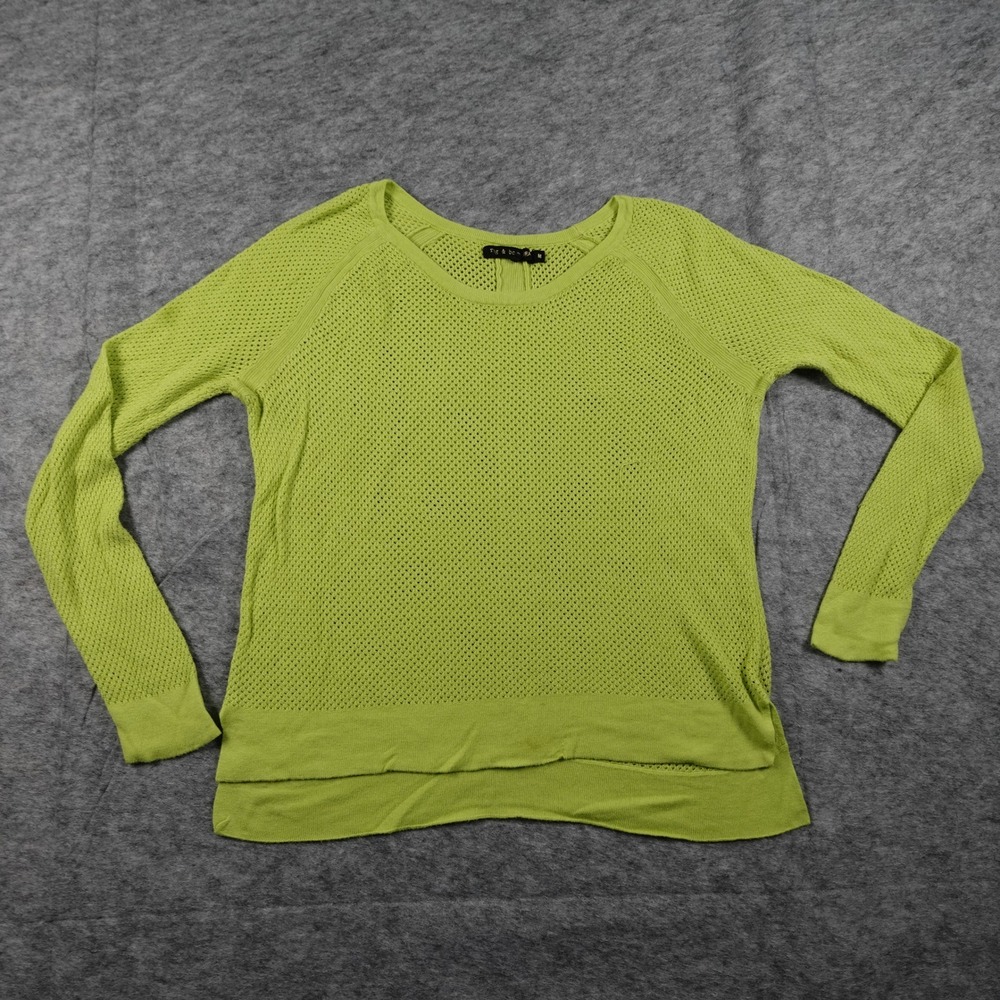 Rag Bone Top Womens Medium Green Open Knit Mesh Long Sleeve Crew Neck Blouse